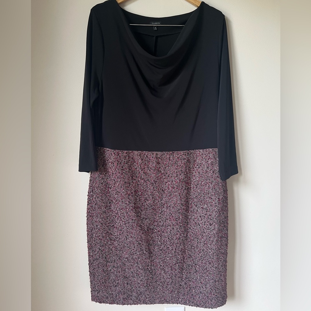 Talbots Mixed Media Black Cowl Neck Burgundy Tweed 3/4 Sleeve Dress Size 16